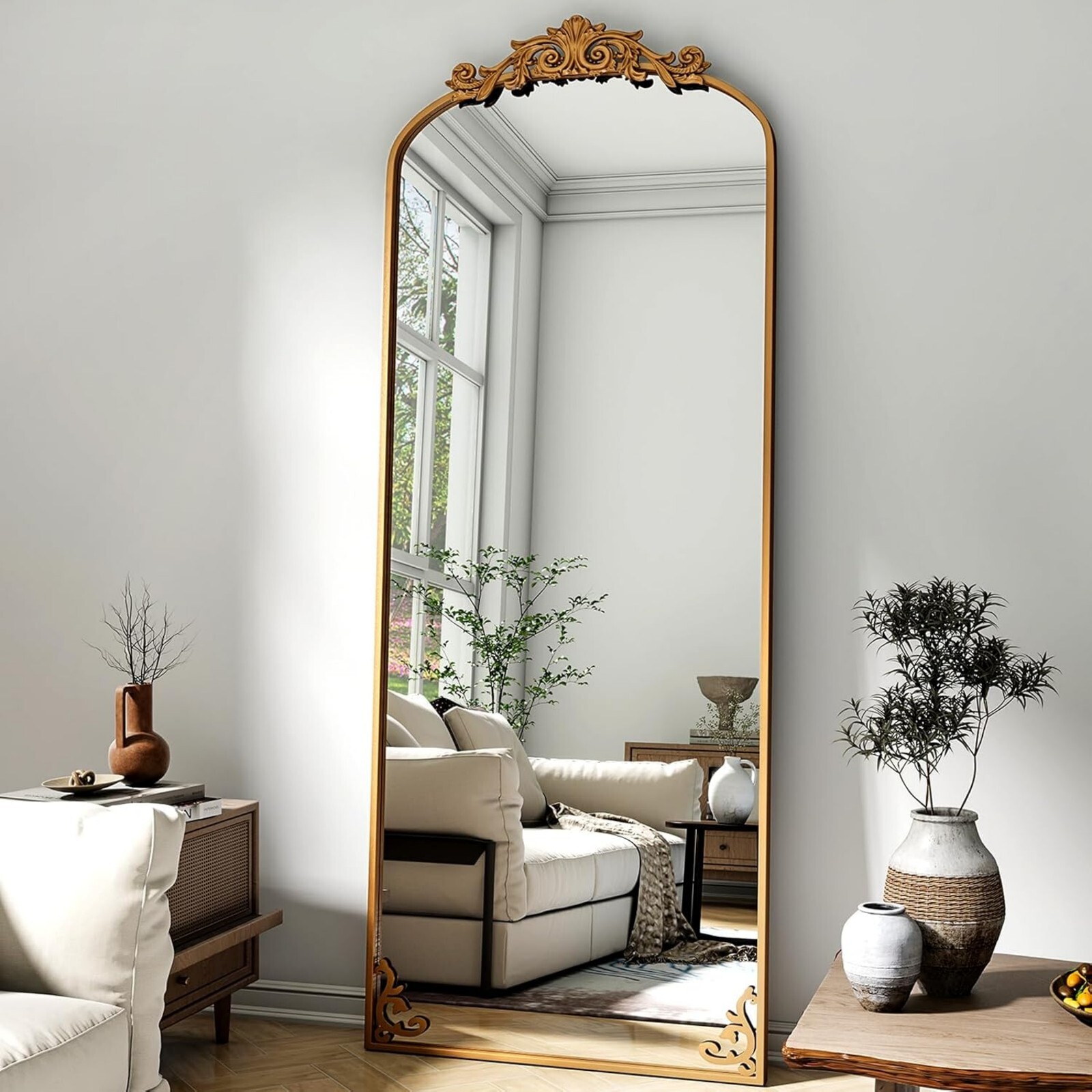 BEAUTYPEAK 64"x21" Antique Arched Full-Length Freestanding Floor Mirror,Bronze