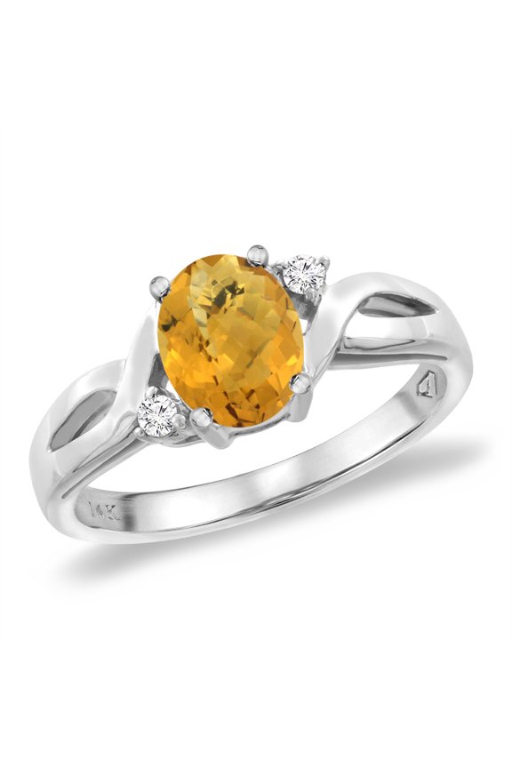 14K White Gold Diamond Natural Whisky Quartz Engagement Ring Oval 8x6 mm, size 5.5