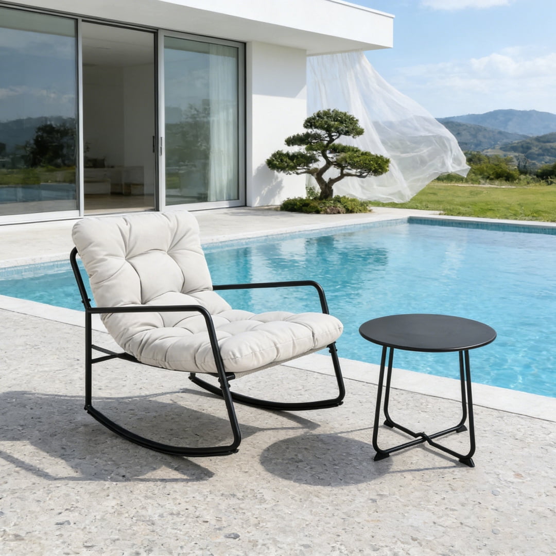 2-Piece Metal Comfy Modern Patio Rocking Chair Set with Side Table, Off-white