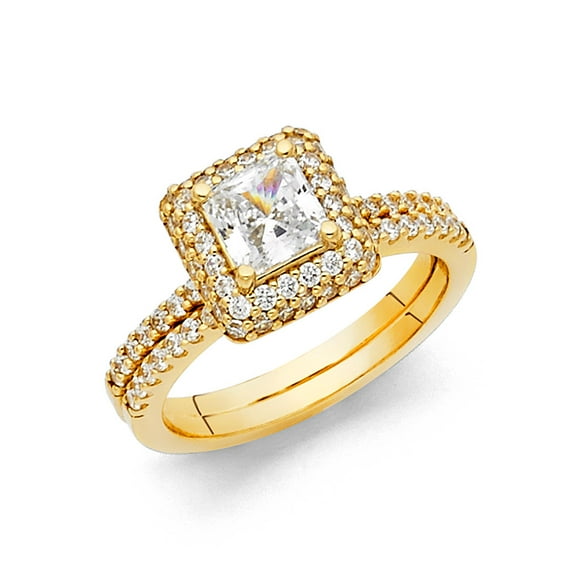 Wellingsale Ladies Solid 14k Yellow Gold Polished CZ Cubic Zirconia Princess Cut Halo Engagement Ring with Side Stones and Matching Band Bridal Set - Size 4