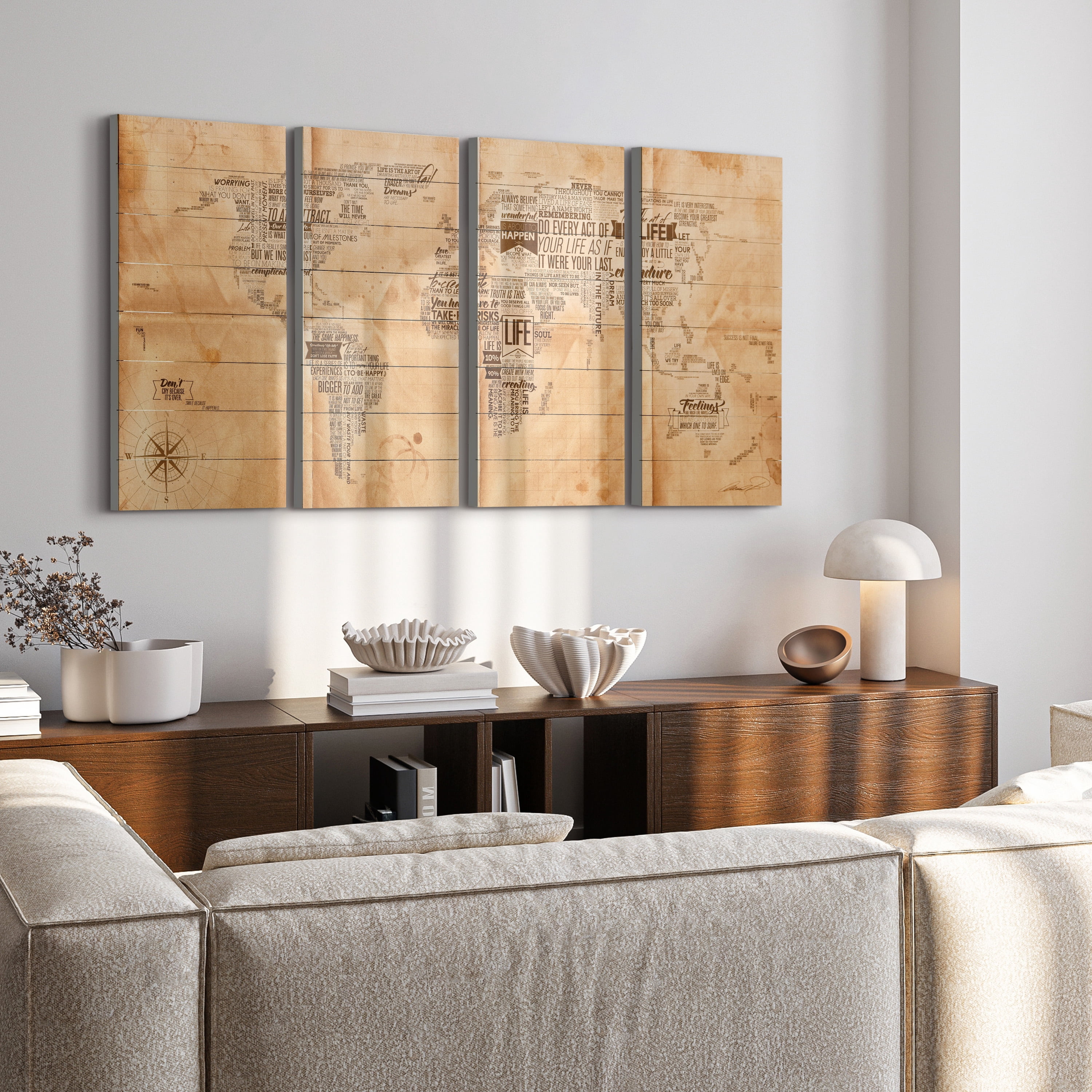 Empire Art Direct World Map Print on Solid Wood Wall Art Set of 4, 60" x 30", Ready to Hang