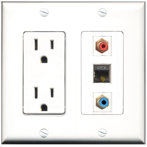 RiteAV - 15 Amp Power Outlet 1 Port RCA Red 1 Port RCA Blue 1 Port Shielded Cat6 Ethernet Ethernet Decorative Wall Plate