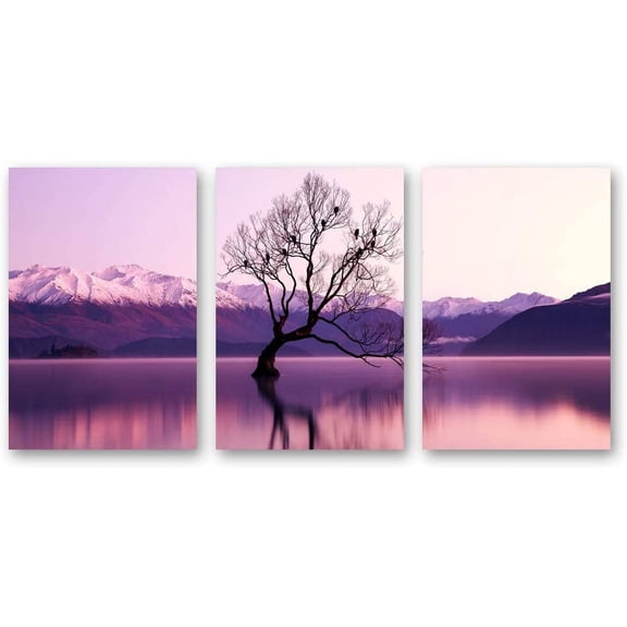 IDEA4WALL 3 Piece Landscape Canvas Wall Art A Tree Stand in the Lake in Purple - 16"x24"x3 Panels