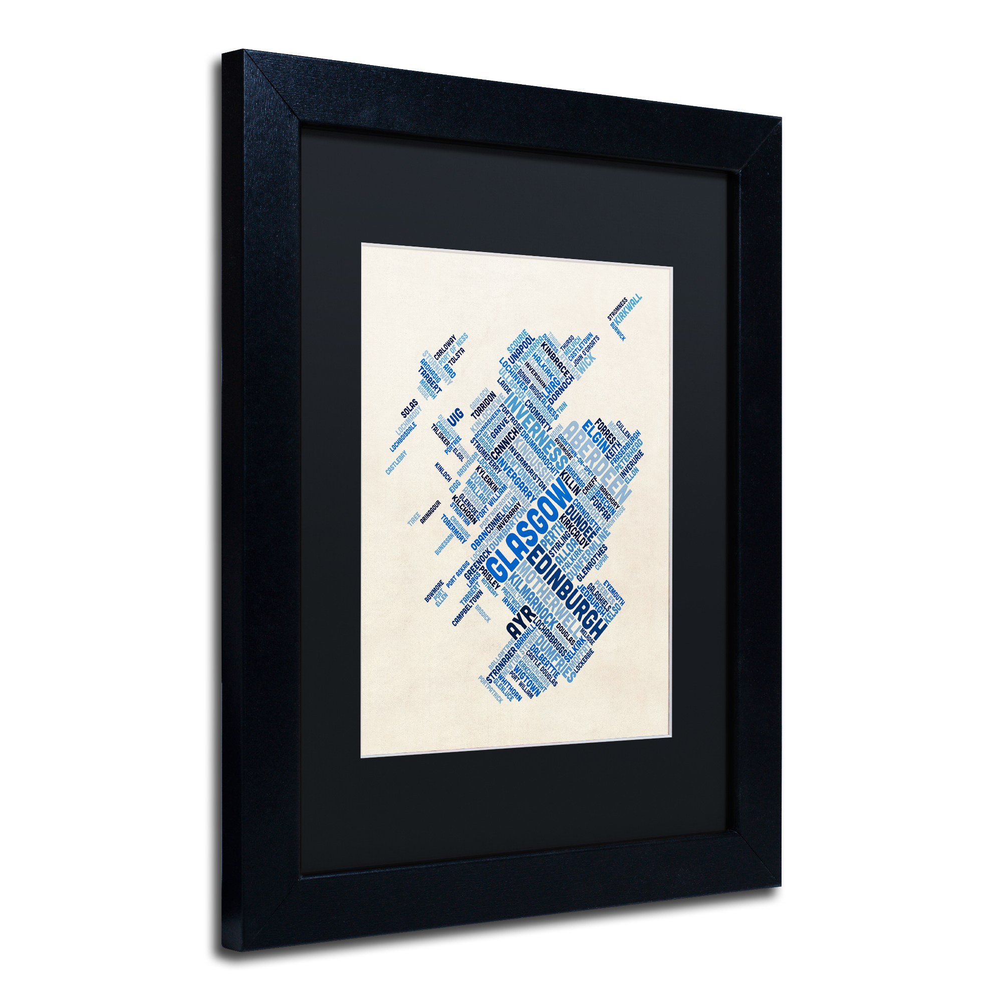 Trademark Fine Art "Scotland Typography Text Map 5" Canvas Art by Michael Tompsett, Black Matte, Black Frame