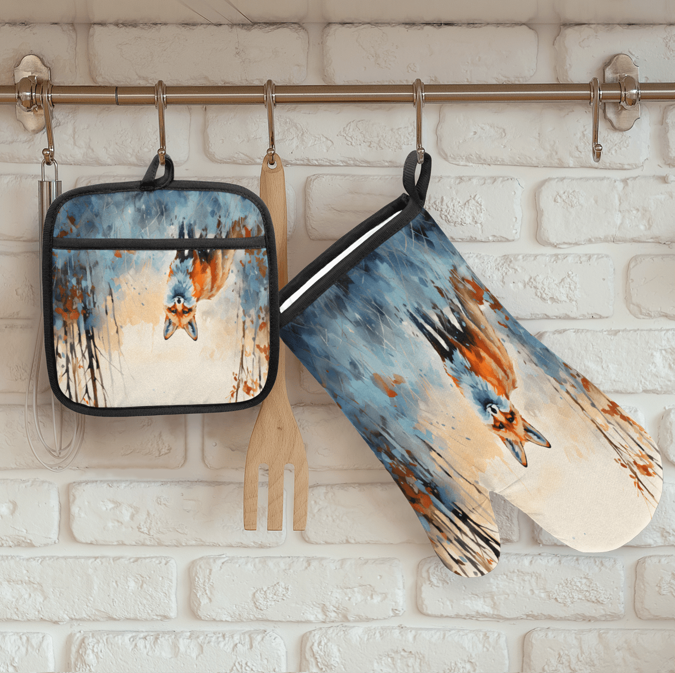 CURLYOOT Watercolor Fox Oven Mitts and Pot Holders Sets of 2, Non-Slip Washable Hot Pads and Oven Gloves for Kitchen Cooking Baking