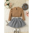 thumbnail image 3 of Wassery 3Pcs Kid Girl Fall Outfit Long Sleeve Mock Neck Drawstring Tops Houndstooth A-Line Skirt Beret Set Little Girls Elegant Clothes, 3 of 9