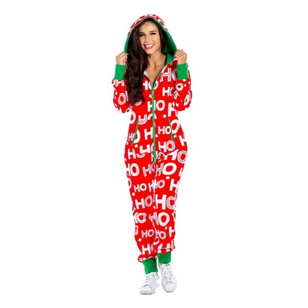 

Jaraliny Christmas Women Hooded Jumpsuit Pajamas Christmas Pattern Print Long Sleeve Zipper Jumpsuit Women Sleepwear Nightwear