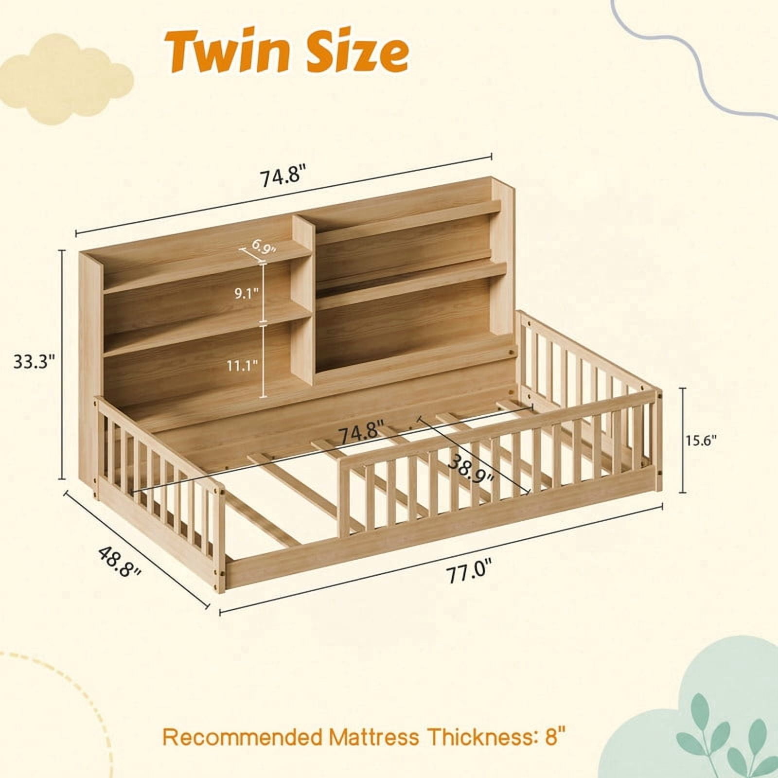Twin Size Kids Montessori Floor Bed with Bookshelf & Safety Guardrail, Wood Low-Profile Platform Bed Frame with Slats