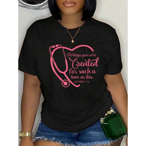 Esther 4-14 Nurse Stethoscope Bible Christian Religious T-Shirt Women's Graphic Tee Casual Tops