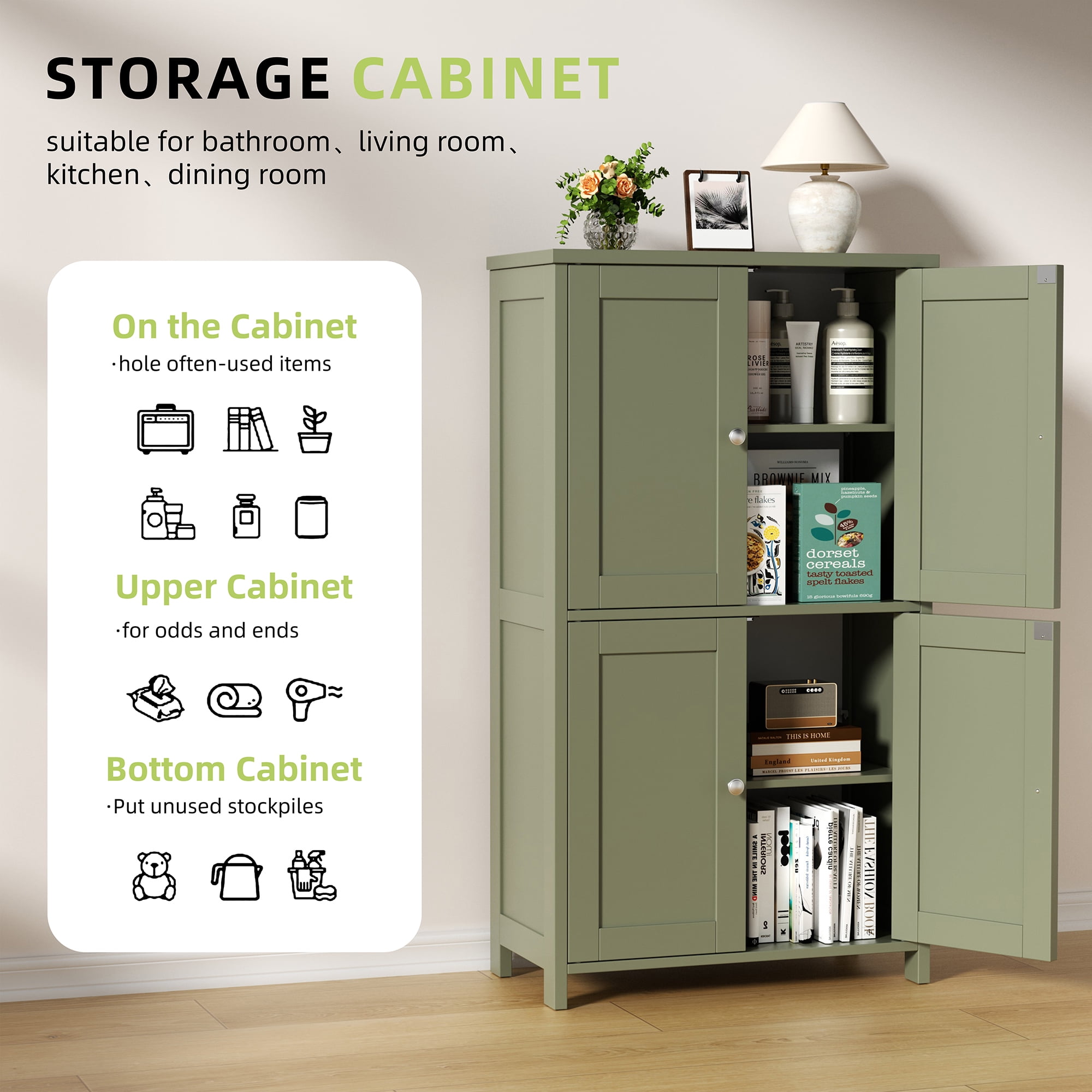 Walsunny Freestanding Bathroom Floor Storage Adjustable Shelf with 4 Doors 43" Wooden Pantry Cabinet for Kitchen Small Spaces,Green