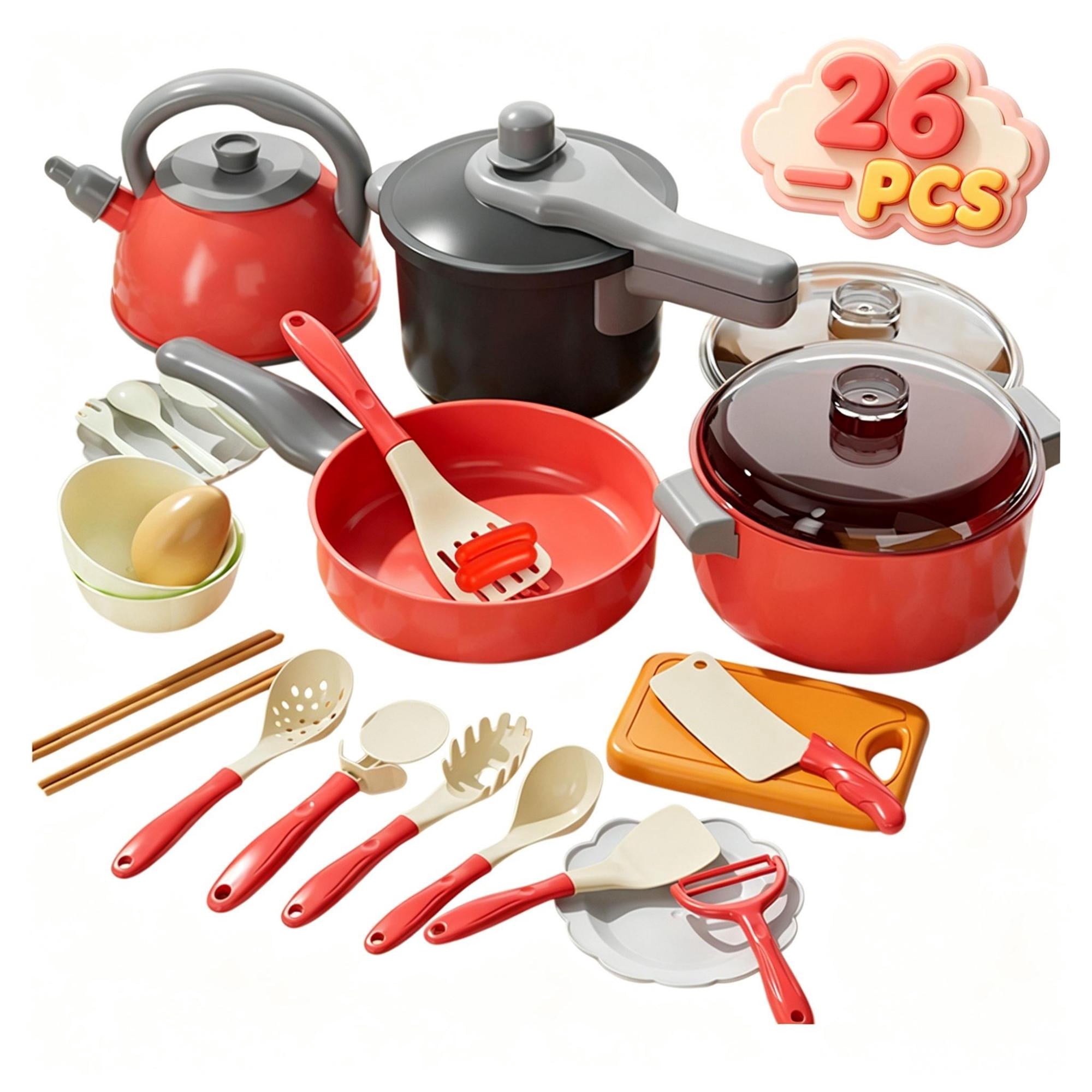 26 PCS Kids Toddler Play Kitchen Pretend Play Toys Realistic Cookware Dishes Utensils Cutting Playset Preschool Educational Learning Toy Imaginative Chef Role Play Kit for Boys Girls Ages 3+