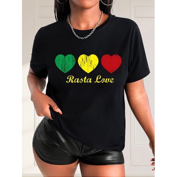 Relajación en casa | Camiseta negra con estampado de corazón "Rasta Love" para mujer, San Valentín - Casual y elegante, cuello redondo, manga corta, algodón, lavable a máquina, ideal para el tiempo li