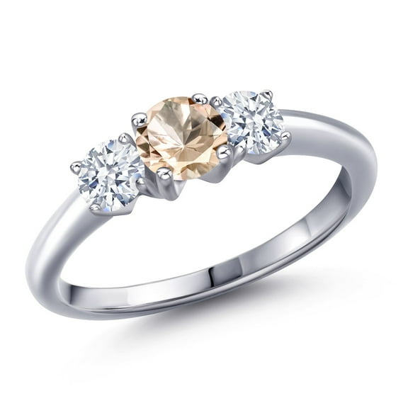 Gem Stone King 925 Sterling Silver Peach Morganite and White Zirconia Engagement Ring for Women | 0.90 Cttw | Round 5MM | Gemstone October Birthstone | Size 5