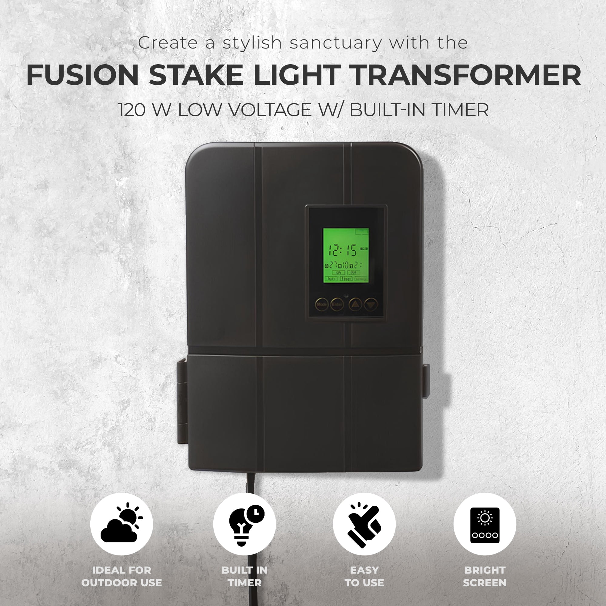 Fusion 120 Watts Low Voltage Stake Light Transformer with Timer, Black