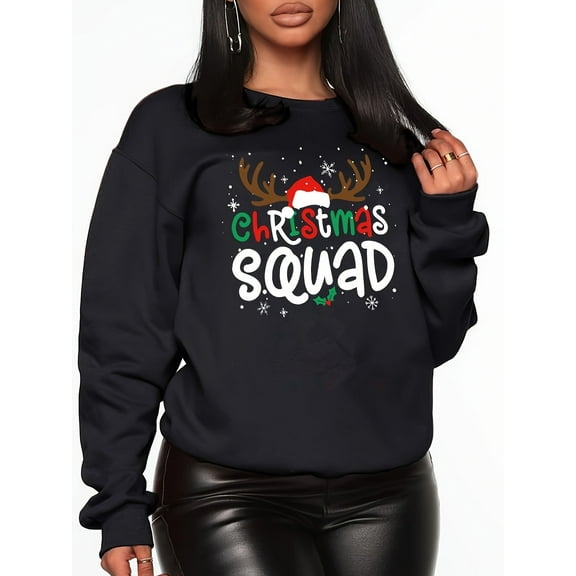 Christmas Print Crew Neck Long Sleeve Loose Sweatshirt, Women's Casual & Holiday Party Outfits (Machine Washable, Spring/Fall)