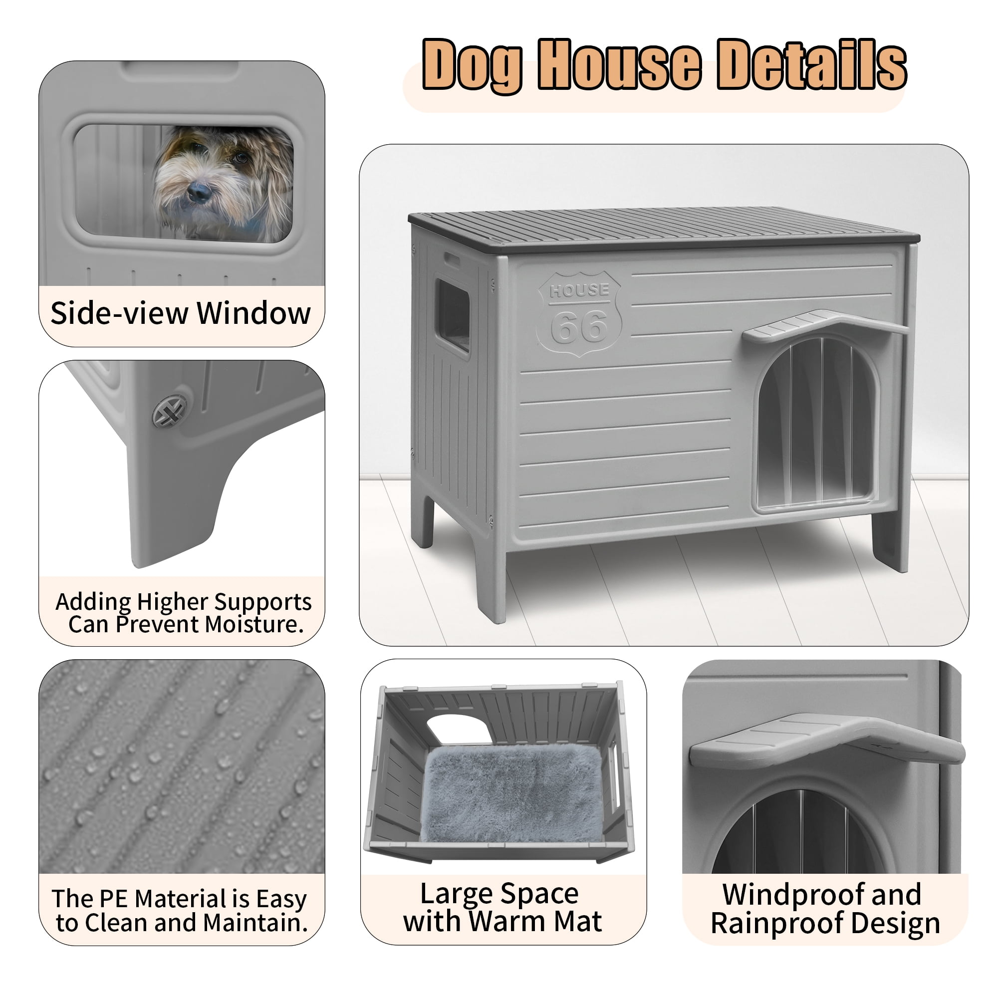 Dog House Outdoor Indoor for Small Medium Dogs, Insulated Dog House with Mat, Plastic Elevated Outdoor Dog House Waterproof Dog Kennel with Window, Clean Easily(M & Mat)