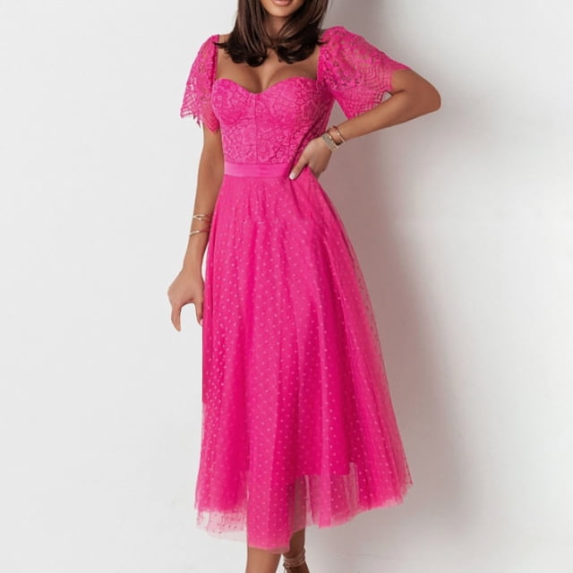 Pntutb Robe Femme Liquidation Mode Femme Confortable Décontractée Taille Rétractable Dos Nu Assemblée Gaze Manches Courtes Épaules Dénudées Robe Cheville