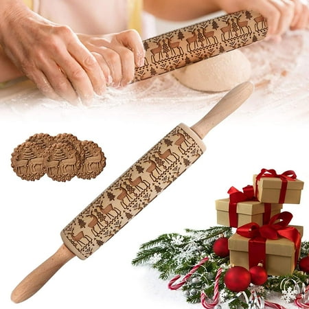 

JMH 2 Pack Christmas Wooden Reindeer Rolling Pin Engraved Embossing Rolling Pin for Cookie Cake Bread Pizza Baking (13 in)