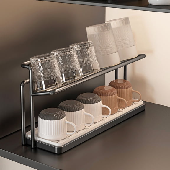 Charcrocsm 2-Tier Coffee Mug Rack, Large Cup Holder with Drip Tray for Kitchen Countertop, Heavy Duty Metal Mug Stand for Coffee Bar, 15.35 x 4.33 x 7.68 Inches, Black Reinforced Cup Organizer