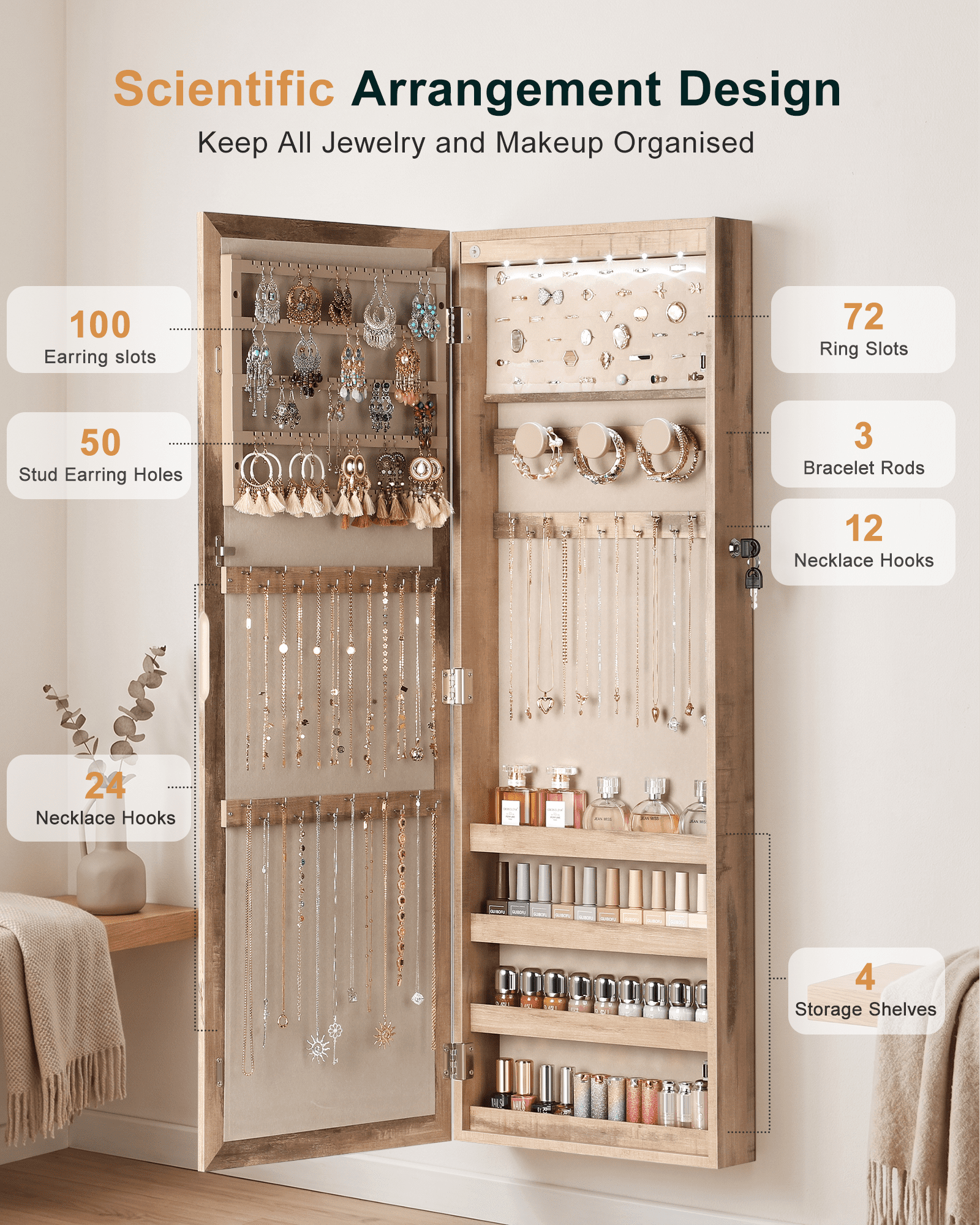 Skyhill Mirror Jewelry Cabinet,40in Jewelry Armoire Organizer,Door or Wall Mounted,6 LED Lights（Oak）