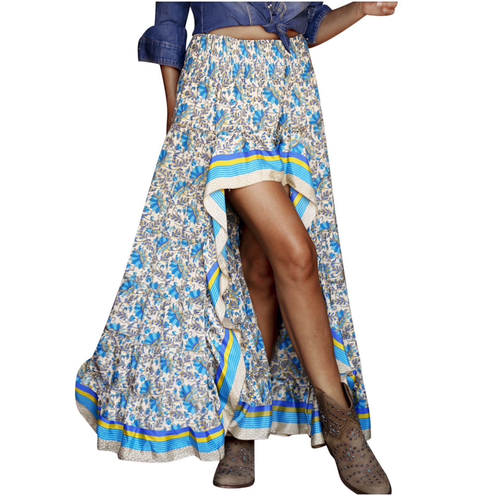 Summer Maxi Skirts for Women Boho Floral Print Long Skirt High Low