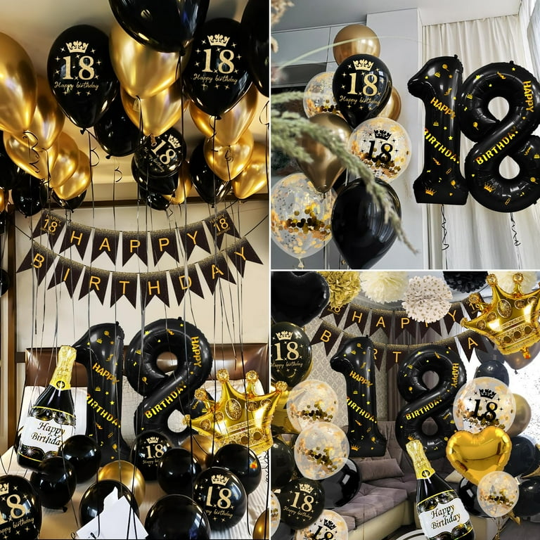 18th Birthday Decorations, Black Gold 18th Birthday Balloons