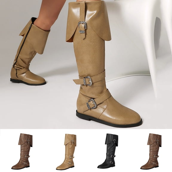 Fashionable Low-Heeled Side Zipper High Boots, Cool Belt Buckle Design, Versatile for Fall and Winter, Comfortable Casual Footwear