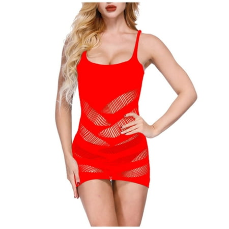 Odeerbi See Through Lingerie for Women 2025 Sexy Fishnet Seamless Mesh Netting Chemise Hollow Out Perspective Babydoll Dress Sleepwear Nightwear Nightdress Red