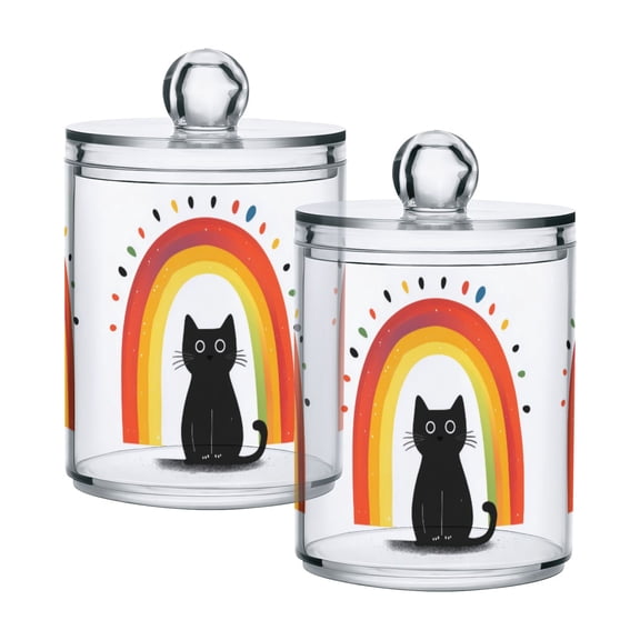 Yayeee 2 Pack Qtip Holder Bathroom Cotton Swab Canister with Lid Clear Dispenser Set, Black Cat Rainbow