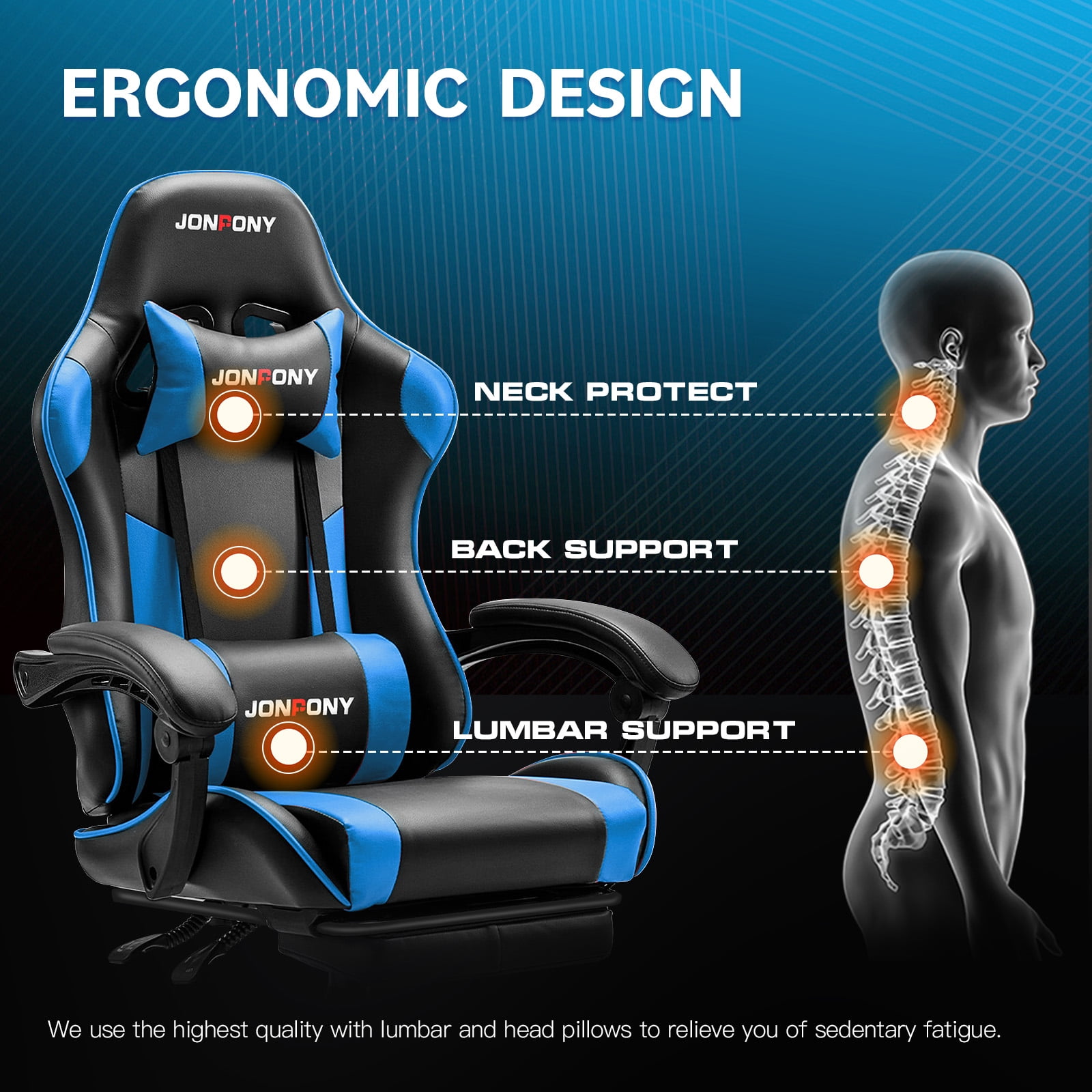 JONPONY Big and Tall 400LBS Gaming Chair, Ergonomic Design, Gamer Chair PU Leather with Footrest and Lumbar Support, High Back Office Chair Support 8 Hours Long Sitting, Computer Chair,Black Blue