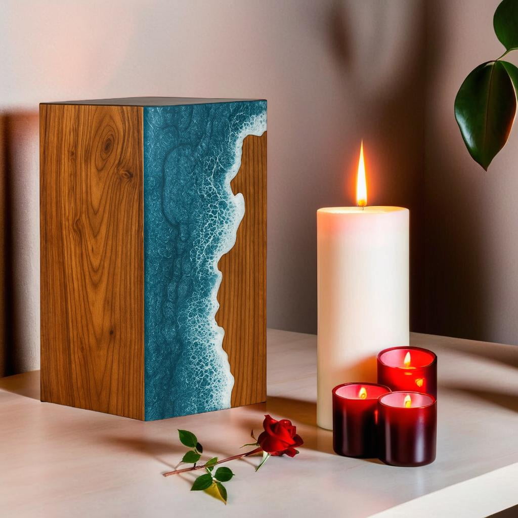Wooden Urns for Human Ashes Adult Cremation Urns for Human Ashes Ocean Wave Design Wooden Urn Box Memorial Cremation Urn Box for Human & Pet Ashes