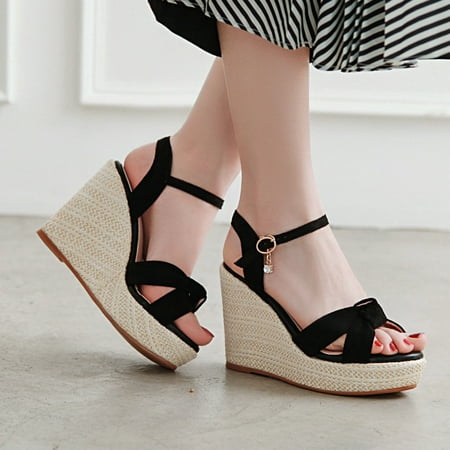 

〖Yilirongyumm〗 Black One Size Sandals Women Buckle Flats Open Toe Wedges Thick Bottom Shoes Comfortable Roman Sandals