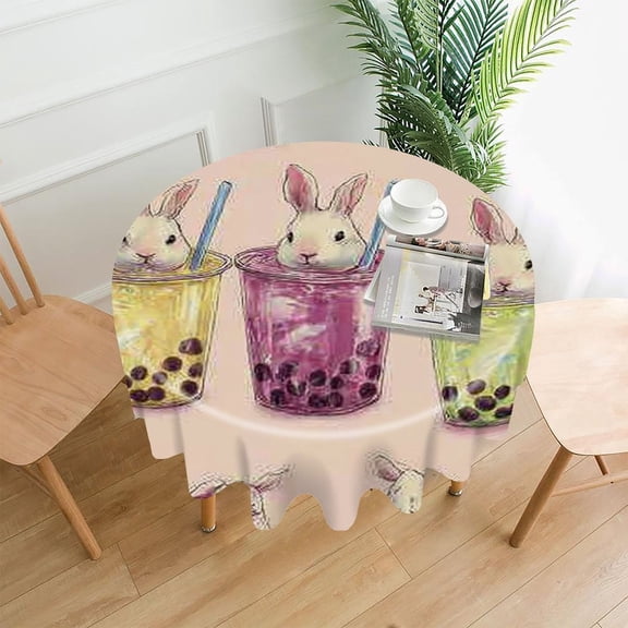 RKSupls 60 Inch Round Tablecloth, Bunny Bubble Tea Premium Polyester Straight Edge Wrinkle Resistant Washable Table Cover for Party Home Dining Decor