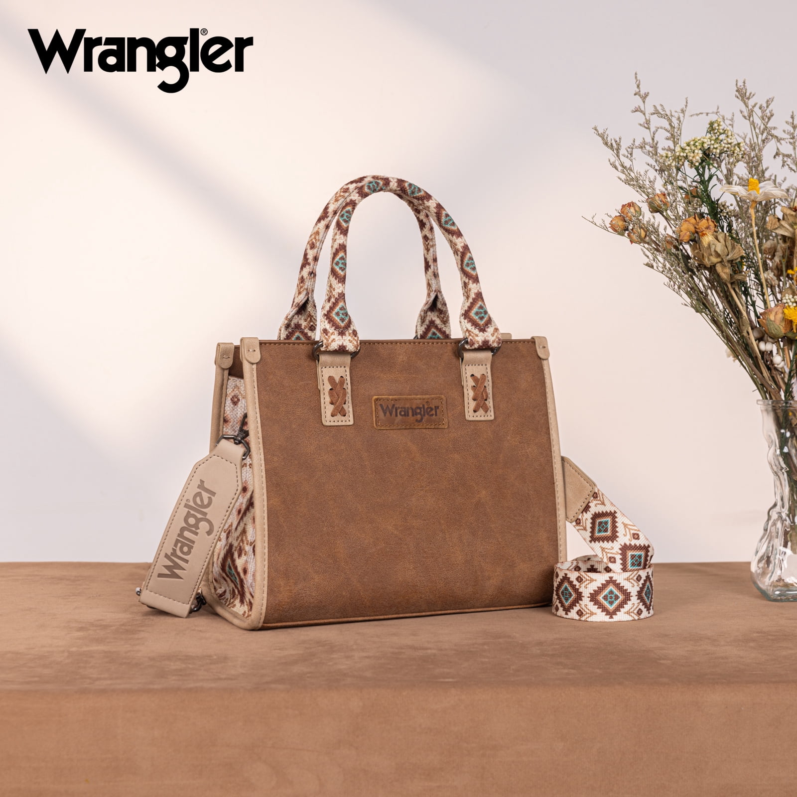 Wrangler Tote Bag for Women Western Retro Purse Top Handle Handbags with Aztec Strap, Brown