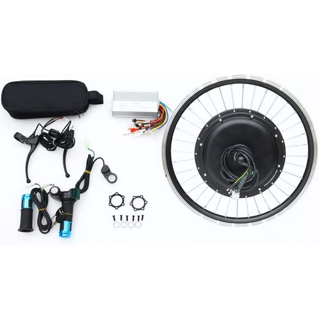 20-inch mountain bike front wheel modified kit for e-bike conversion, designed for DIY enthusiasts. Features a 48V-60V 500W motor, wiring components, speed control handle, disc brake adapters, and installation accessories. Includes a controller and hanging bag for wiring setup, ideal for creating an electric bike.
