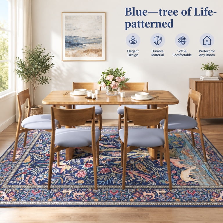 Large Area Rug 8x10 Washable Non Slip Blue Tree of Life Pattern Carpet ...