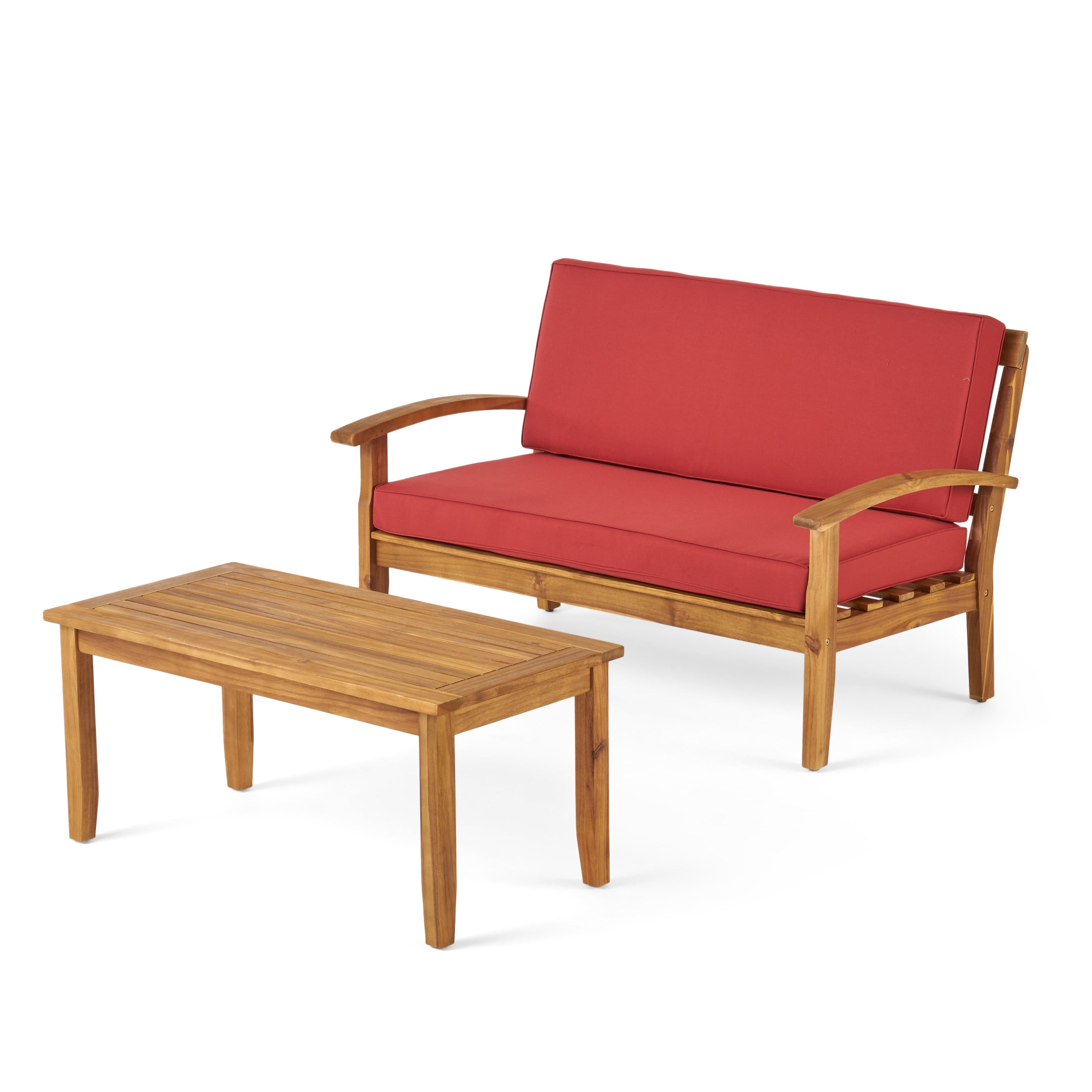 Outdoor Loveseat and Coffee Table Combined Leisure Set, Acacia Wood Frame Furniture for Patio Garden, Red