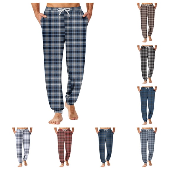 gzxflxpge Casual Plaid Pants for Men Comfortable Soft Drawstring Elastic Waist Pajama Pants Stylish Loose Fit Trousers with Pockets Blue XL