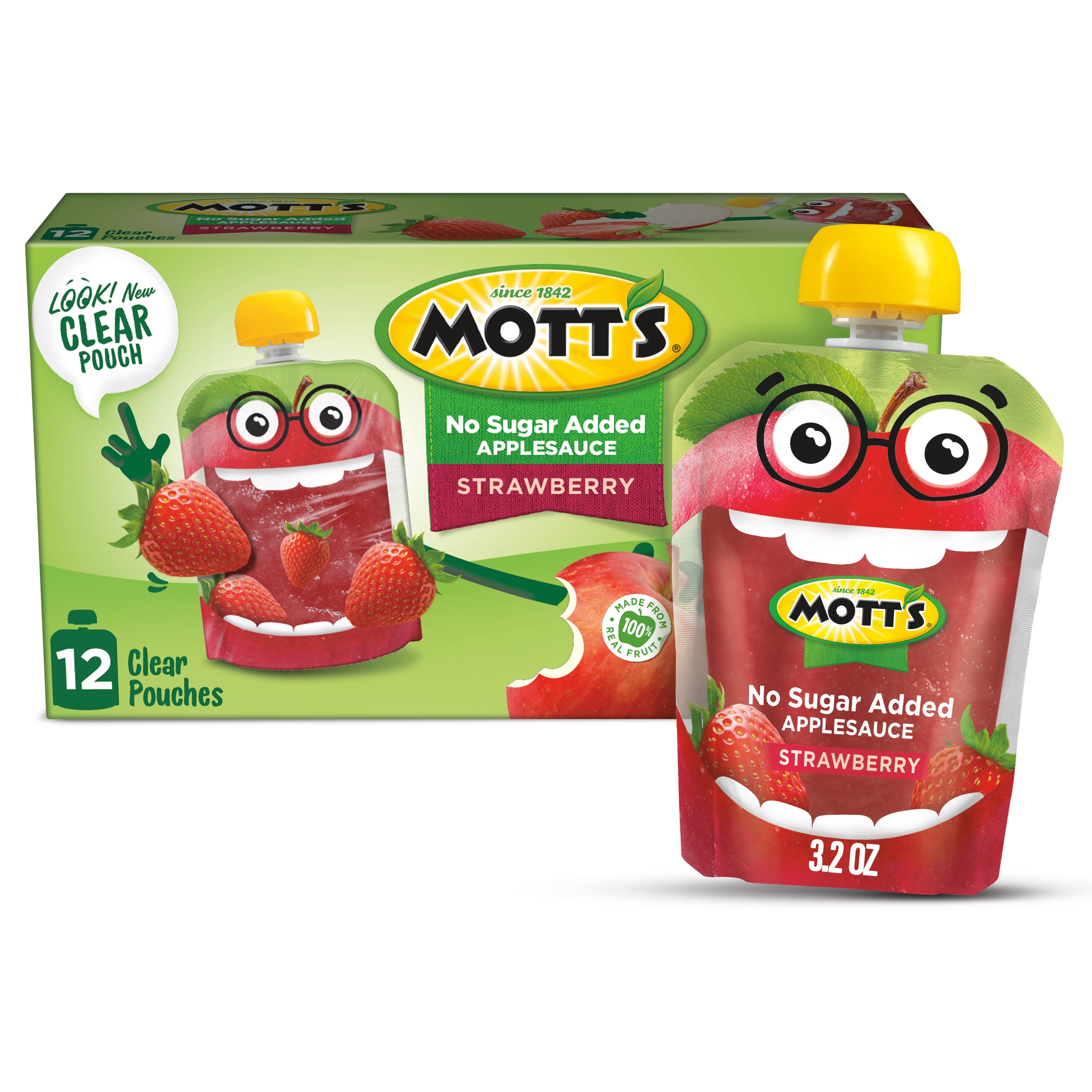 (12 Pack) Mott's No Sugar Added Strawberry Applesauce Pouches, 3.2 oz