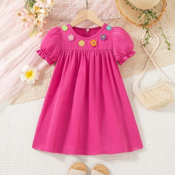 Trendfront Girls Flower Dress Crew Neck Short Sleeve Colorful 3D Floral Ruched Princess Outfit for Girls 2-8Y