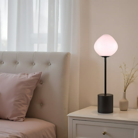 Globe Glass Table Lamp Collection,18" Hand-Blown Glass Accent Lamp With Pink Shade,Matte Black Metal Base,Artistic Modern Lighting For Girls Bedroom,G9 Socket(Bulb Not Included)