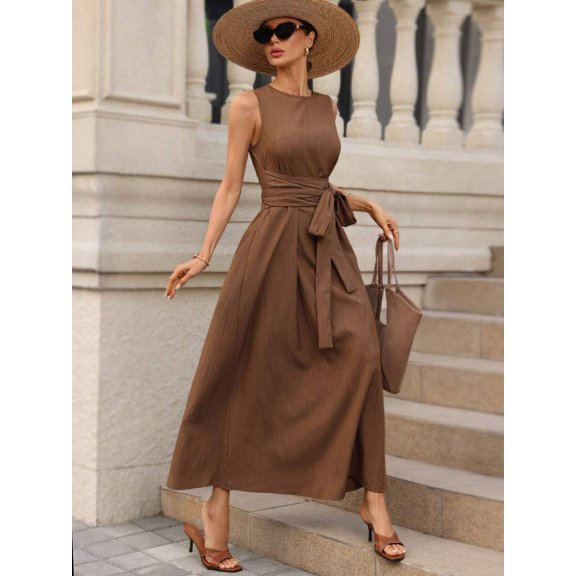 Brown Sleeveless Tie Waist A-Line Maxi Dress For Women Elegant Vacation Dress