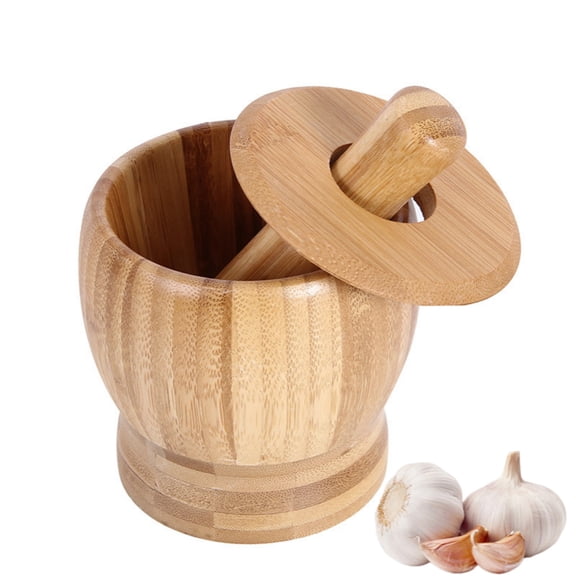Asoricing Large Bamboo Mortar and Pestle Set, Natural Wood Garlic Crusher with 5.5-Inch Pestle, Kitchen Mashing Bowl for Spices, Herbs and Garlic, Durable Wooden Grinder for Home Cooks