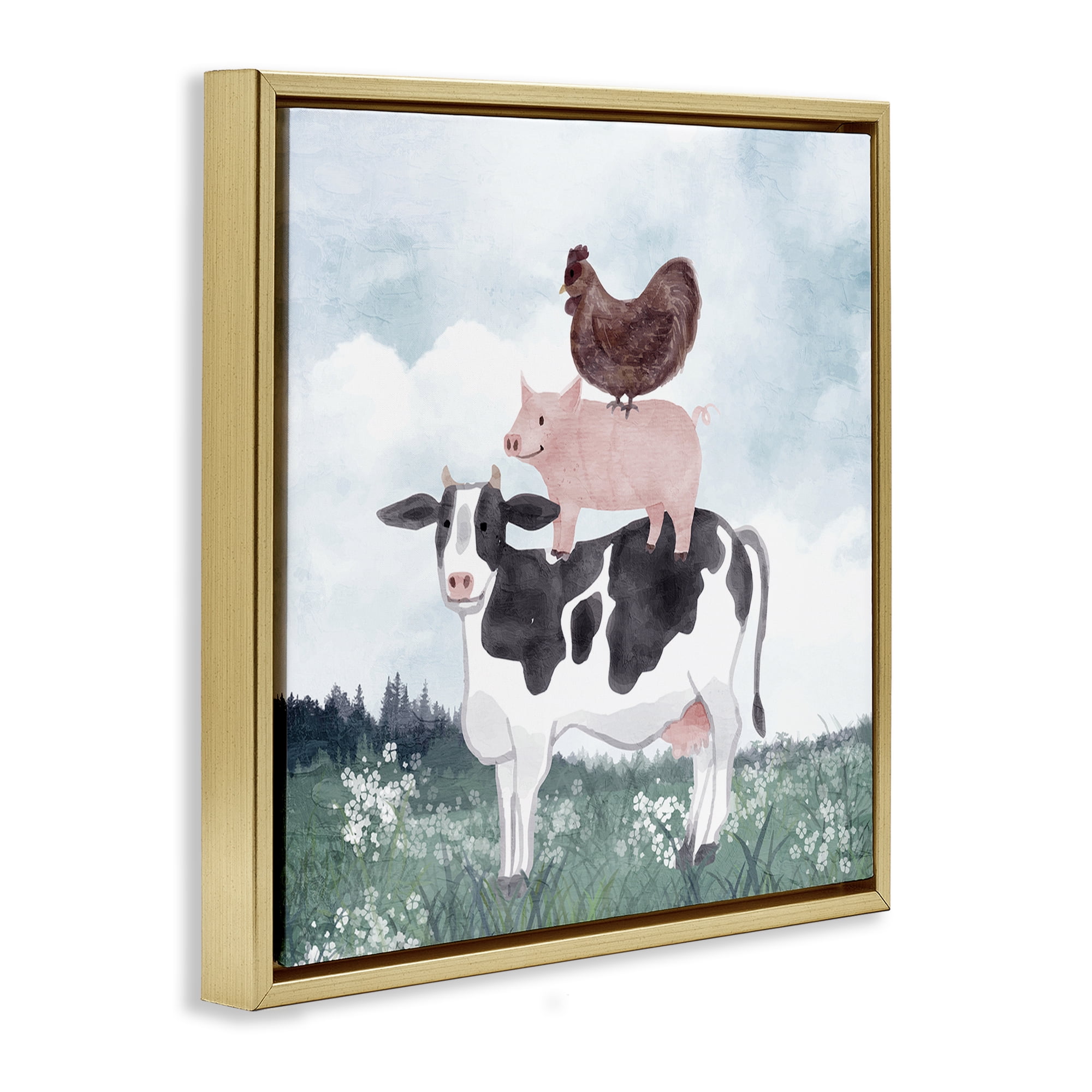 Stupell Industries Muted Stacked Farm Animals Gold Framed Floater Canvas Wall Art, design by Kim Allen