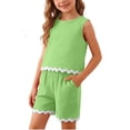 thumbnail image 1 of Tank Top Set for Girls, Solid Color Bubble Ruffle Trim Round Neck and Shorts 2-Piece Summer Casual Outfit for Kids, 1 of 9