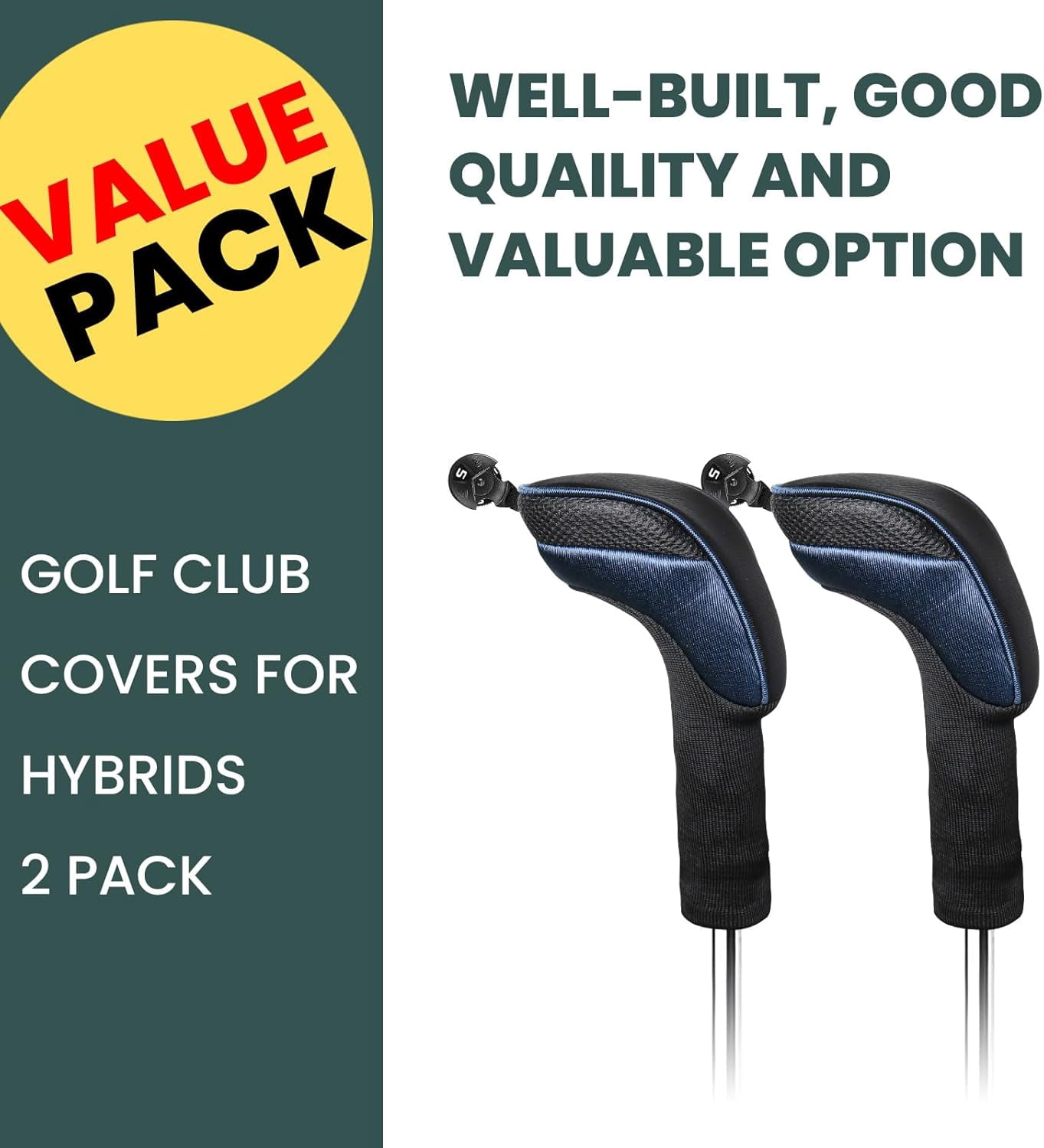 Golf Club Head Covers Woods Hybrids Long Cover, Headcovers with Interchangeable No. Tags Fit All Hybrids Wood Clubs Light Durable