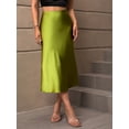 thumbnail image 3 of Olive Green Satin High-Waist Flowing Midi Slip Skirt Sheath, 3 of 7