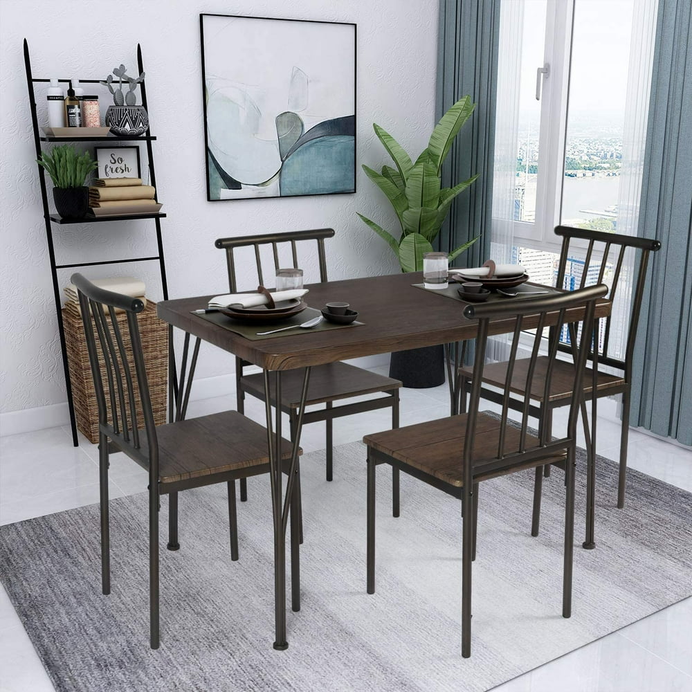 5-Piece Dining Table Set Wooden Kitchen Table 1 Table 4 Chairs Metal