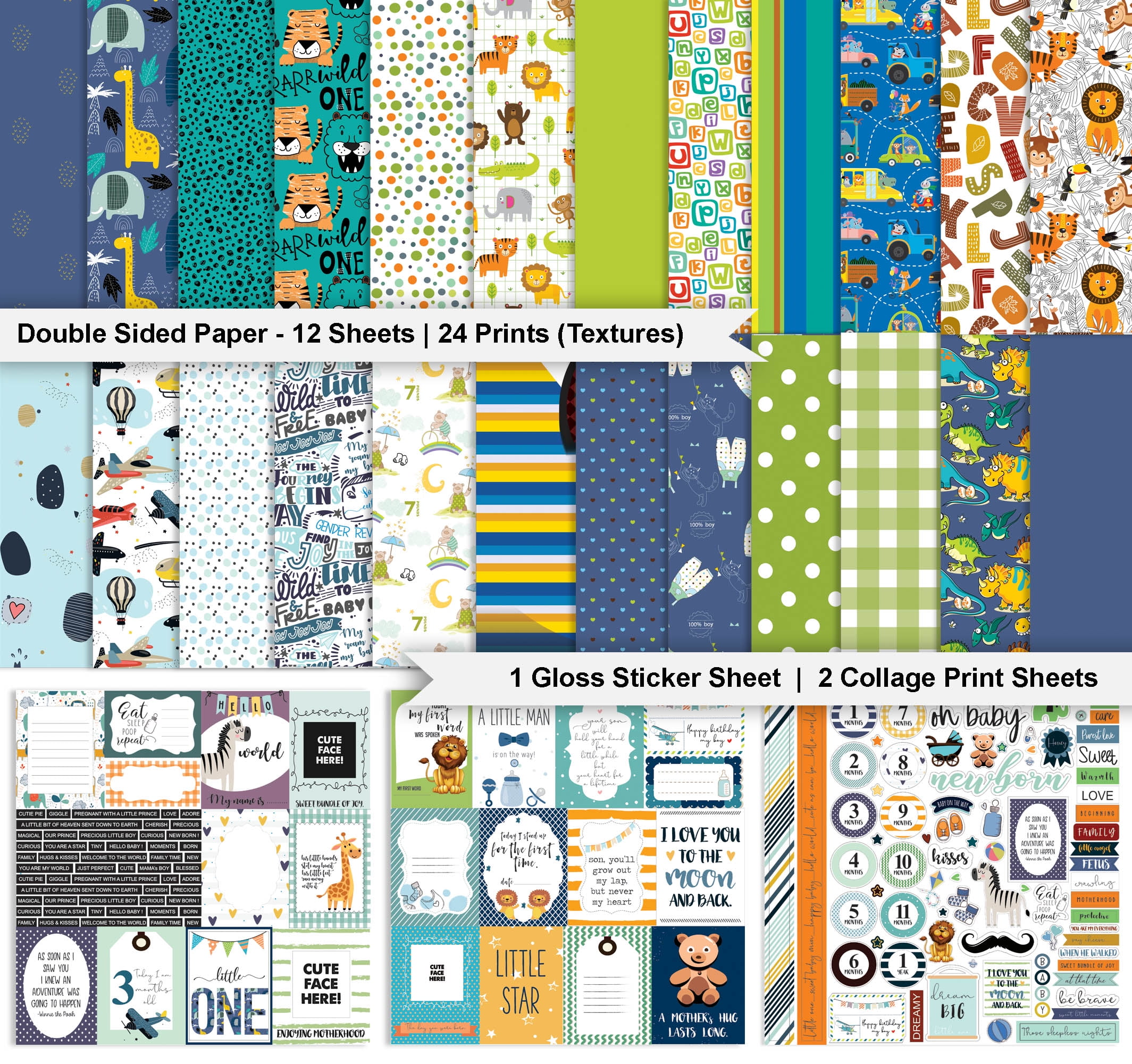 Inkdotpot Its a Baby Boy Theme Collection Double-Sided Scrapbook Paper Kit Cardstock 12"x12" Card Making Paper Pack With Sticker Sheet - 16 Pages - Blue