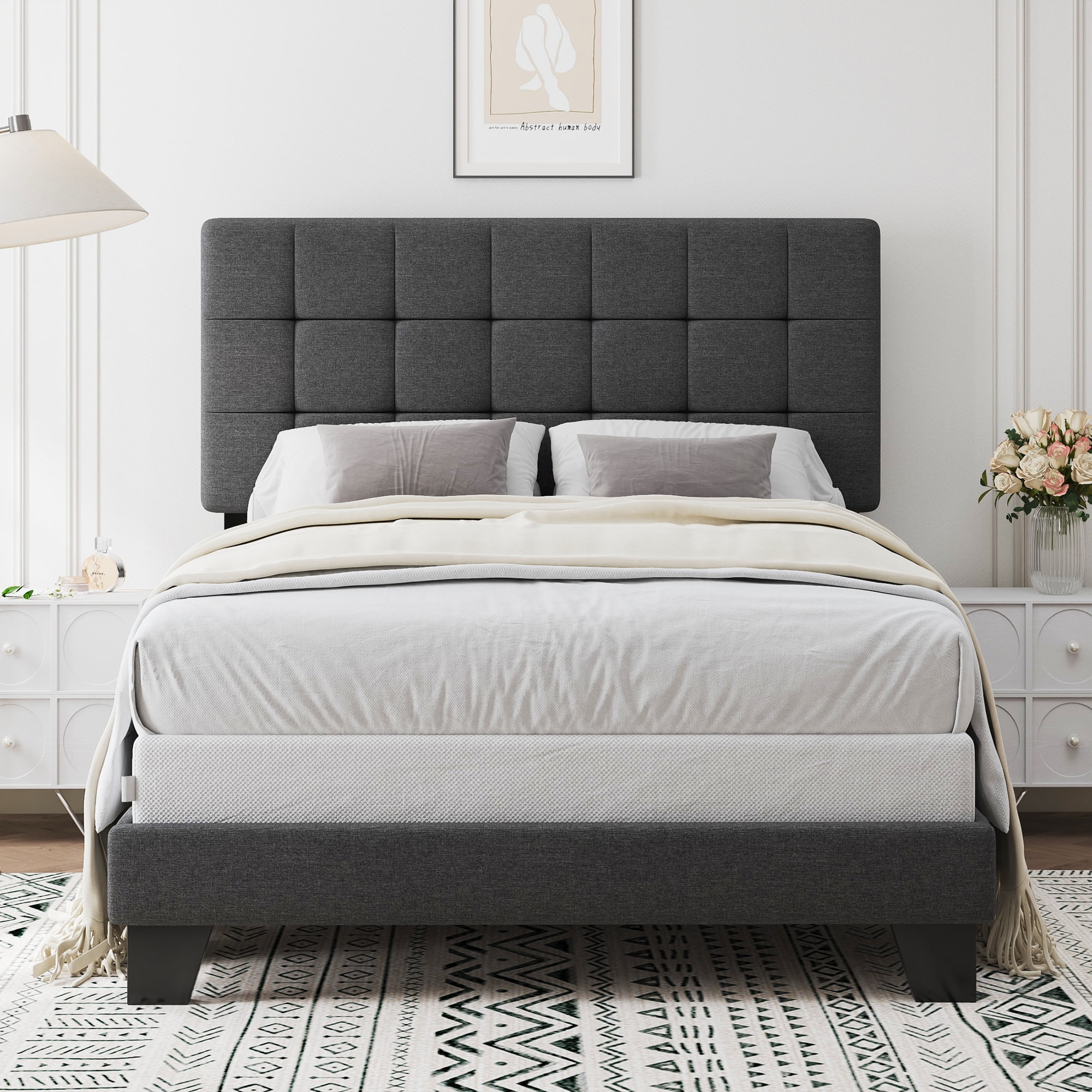 SHA CERLIN Grey Queen Size Panel Platform Bed Frame with Adjustable Fabric Upholstered Headboard, Adult